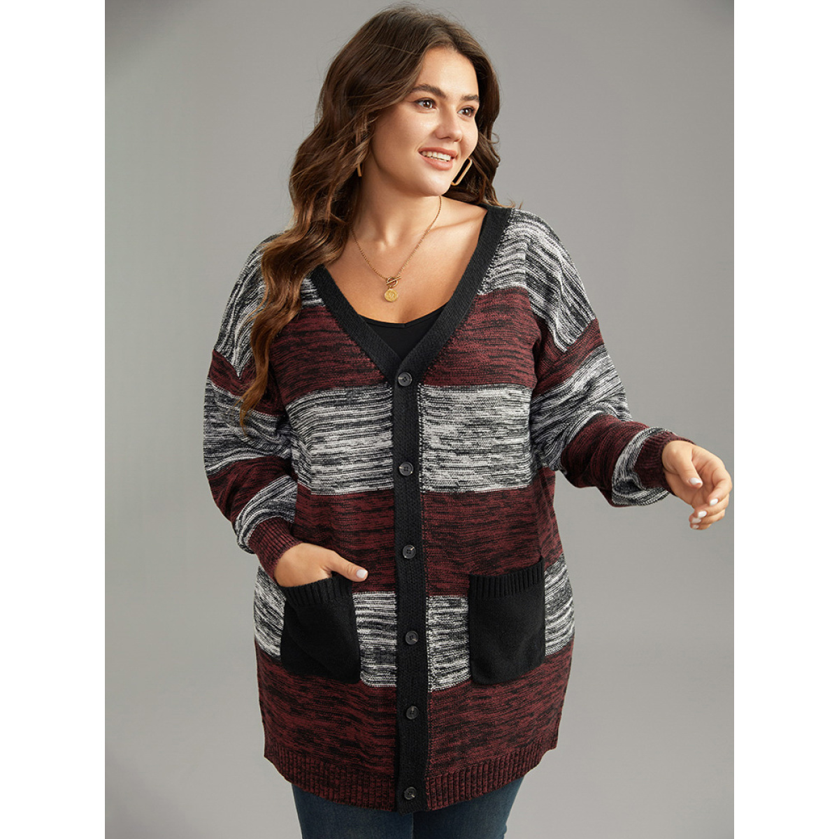 

Plus Size Heather Colorblock Contrast Pocket Button Through Cardigan Burgundy Women Casual Loose Long Sleeve Everyday Cardigans BloomChic