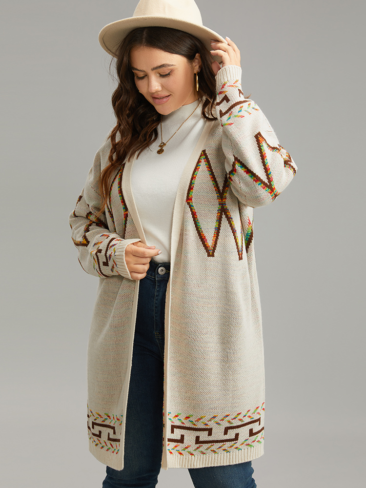 Plus Size Boho Geometric Print Open Front Cardigan Beige Women Casual Loose Long Sleeve Everyday Cardigans BloomChic 18-20/2X 