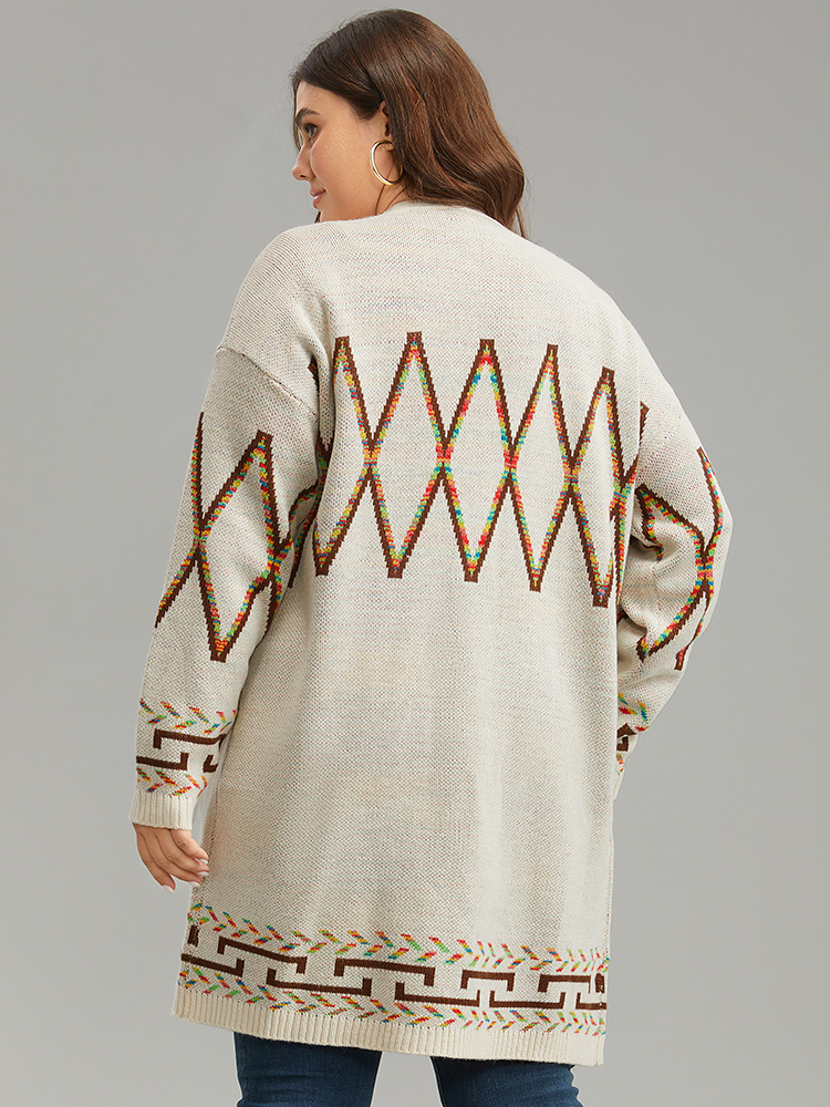 Plus Size Boho Geometric Print Open Front Cardigan Beige Women Casual Loose Long Sleeve Everyday Cardigans BloomChic 18-20/2X 