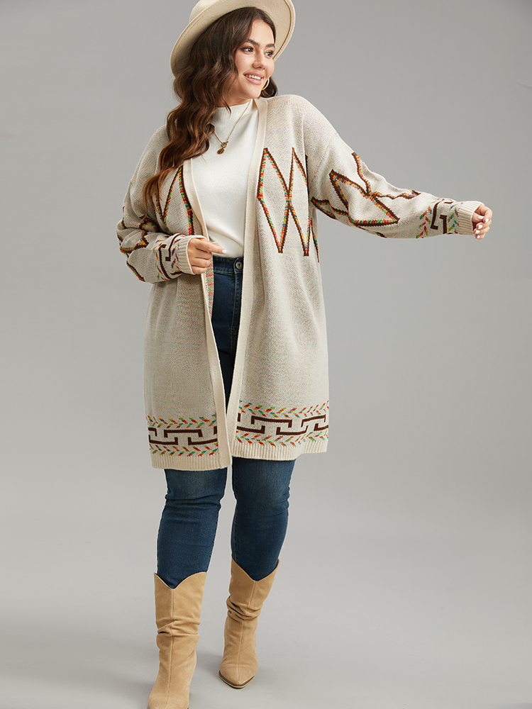 Plus Size Boho Geometric Print Open Front Cardigan Beige Women Casual Loose Long Sleeve Everyday Cardigans BloomChic 18-20/2X 