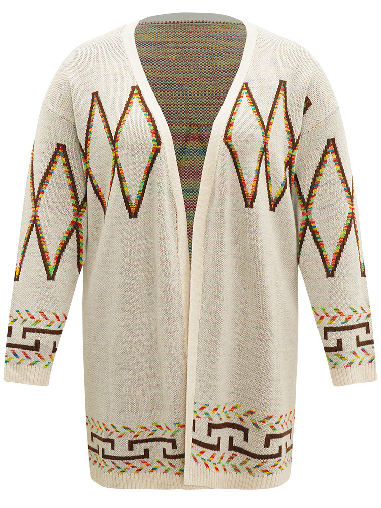 Plus Size Boho Geometric Print Open Front Cardigan Beige Women Casual Loose Long Sleeve Everyday Cardigans BloomChic 18-20/2X 