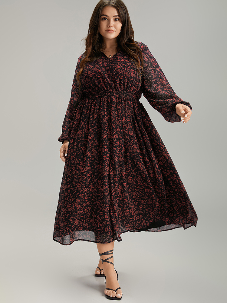 

Plus Size Chiffon Ditsy Floral Pocket Shirred Cuffs Dress Scarlet Women Elegant Elastic cuffs V-neck Long Sleeve Curvy Midi Dress BloomChic