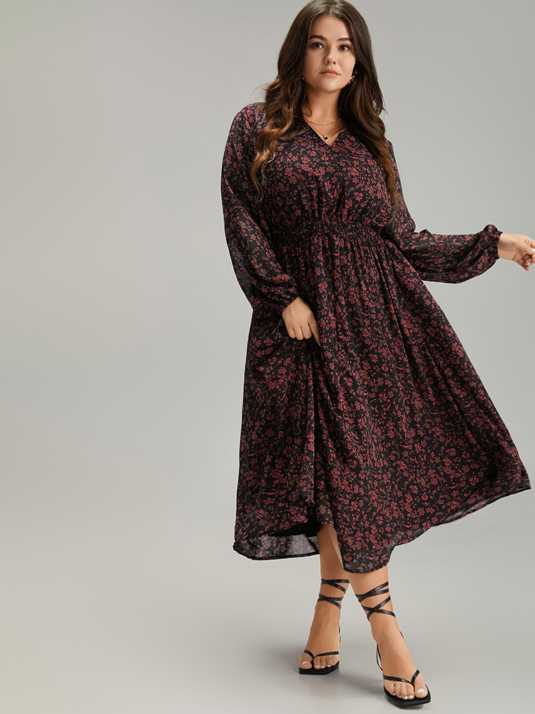 

Plus Size Chiffon Ditsy Floral Pocket Shirred Cuffs Dress Scarlet Women Elegant Elastic cuffs V-neck Long Sleeve Curvy Midi Dress BloomChic