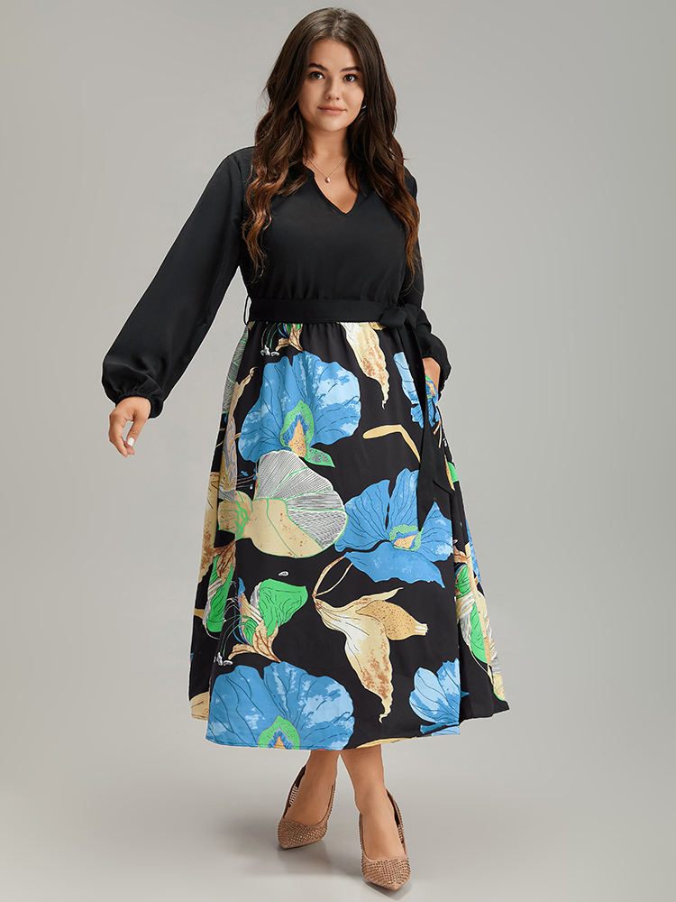 

Plus Size Floral Print Patchwork Notched Belted Dress Blue Women Elegant Elastic cuffs Notched collar Long Sleeve Curvy Midi Dress BloomChic