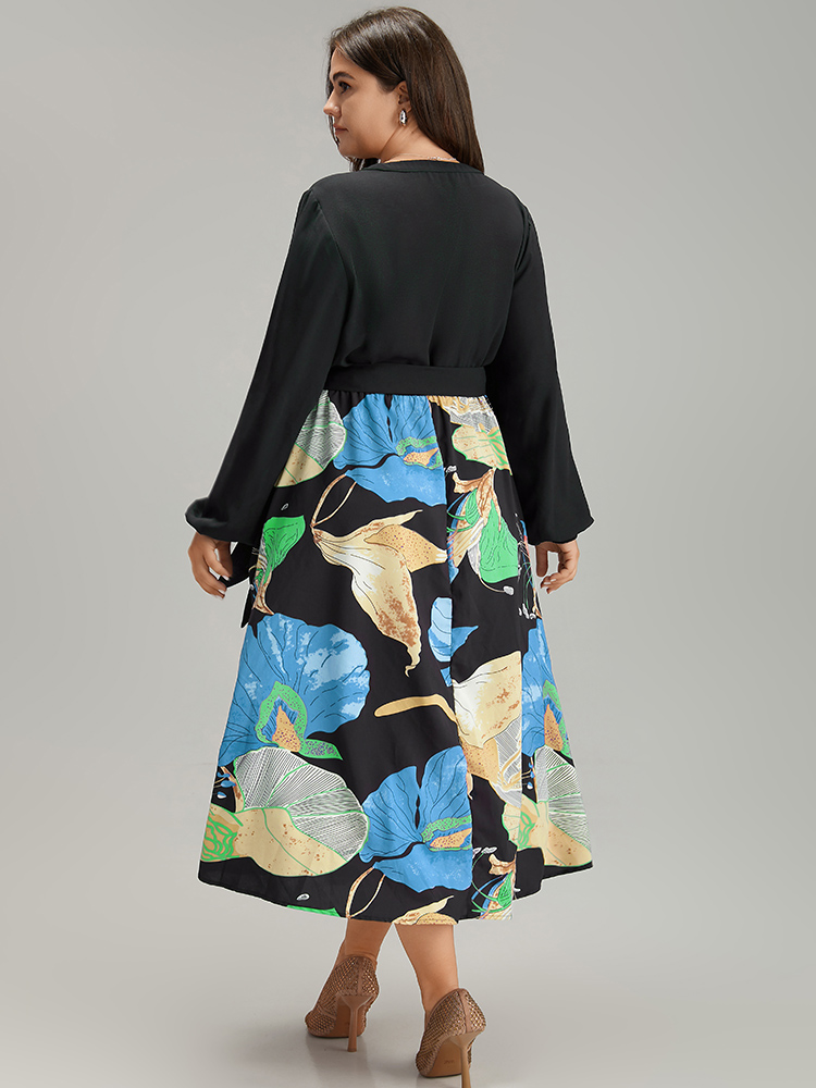 Plus Size Floral Print Patchwork Notched Belted Dress Blue Women Elegant Elastic cuffs Notched collar Long Sleeve Curvy Midi Dress BloomChic 18-20/2X 