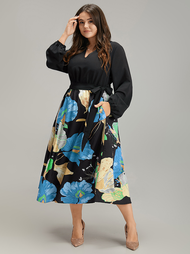 

Plus Size Floral Print Patchwork Notched Belted Dress Blue Women Elegant Elastic cuffs Notched collar Long Sleeve Curvy Midi Dress BloomChic