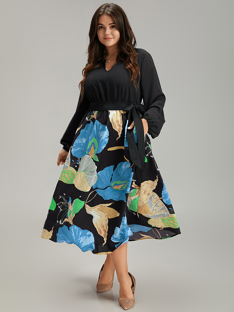 Plus Size Floral Print Patchwork Notched Belted Dress Blue Women Elegant Elastic cuffs Notched collar Long Sleeve Curvy Midi Dress BloomChic 18-20/2X 