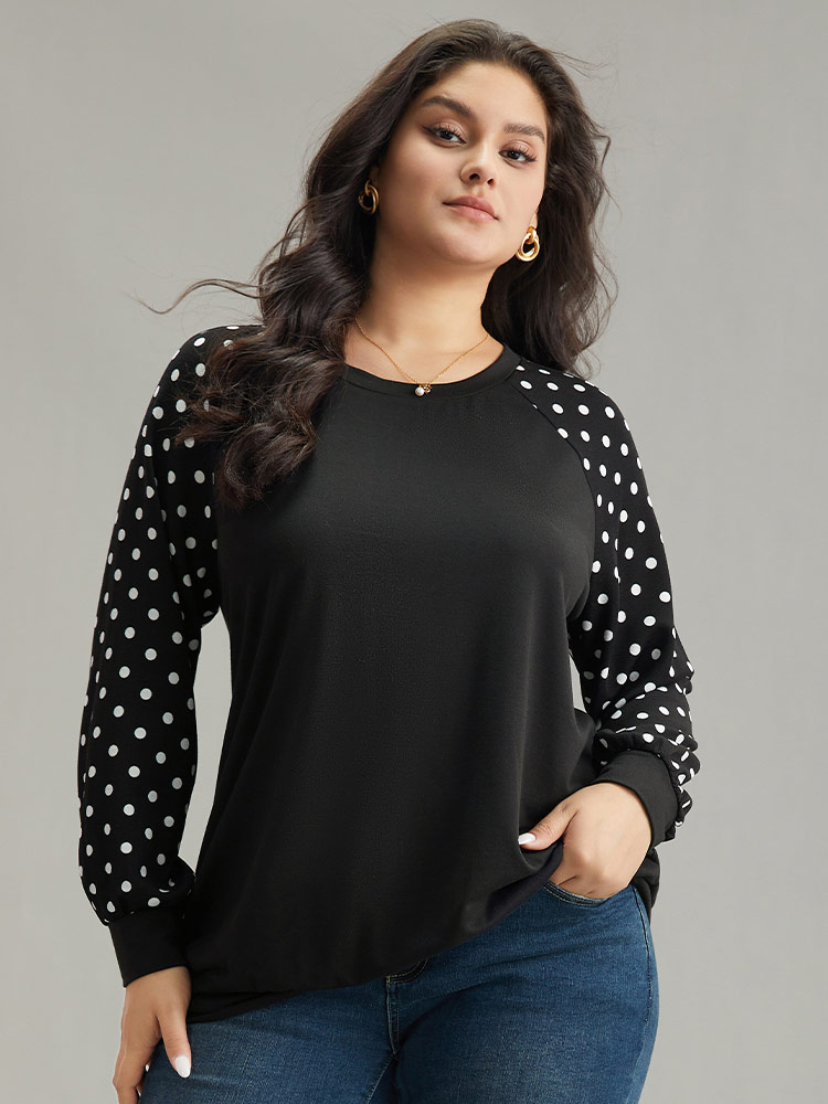 

Plus Size Polka Dot Patchwork Raglan Sleeve Sweatshirt Women Black Casual Elastic cuffs Round Neck Everyday Sweatshirts BloomChic