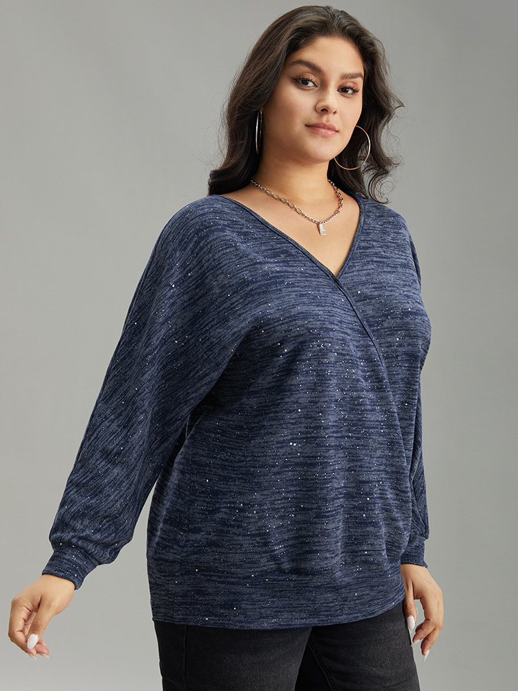 Plus Size Solid Heather V Neck Sequin T-shirt Blue Women Casual Texture Plain V-neck Everyday T-shirts BloomChic 14-16/1X 