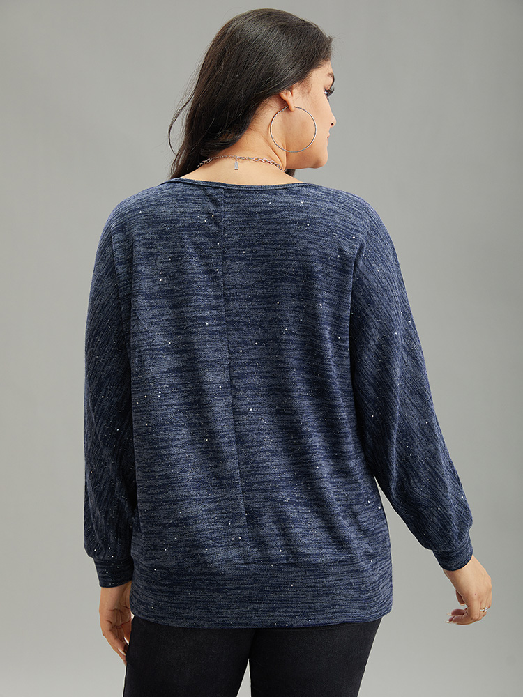 Plus Size Solid Heather V Neck Sequin T-shirt Blue Women Casual Texture Plain V-neck Everyday T-shirts BloomChic 14-16/1X 