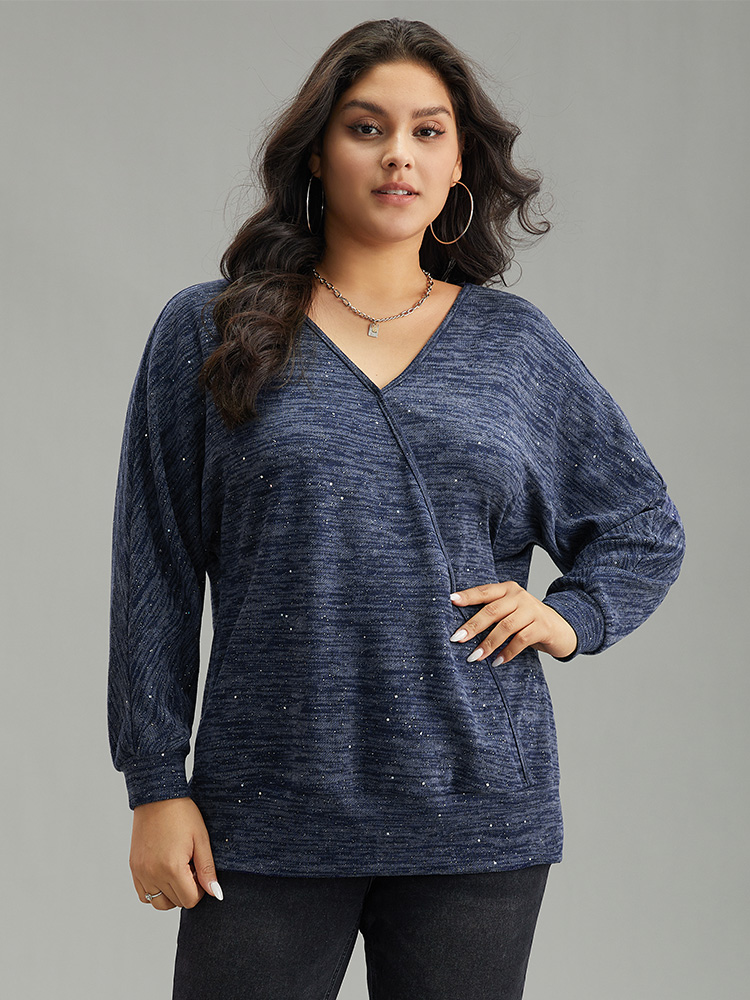 

Plus Size Solid Heather V Neck Sequin T-shirt Blue Women Casual Texture Plain V-neck Everyday T-shirts BloomChic