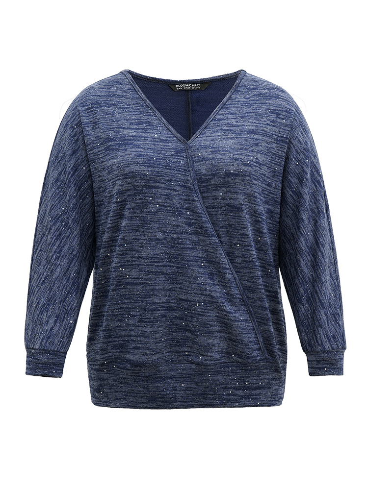 Plus Size Solid Heather V Neck Sequin T-shirt Blue Women Casual Texture Plain V-neck Everyday T-shirts BloomChic 14-16/1X 