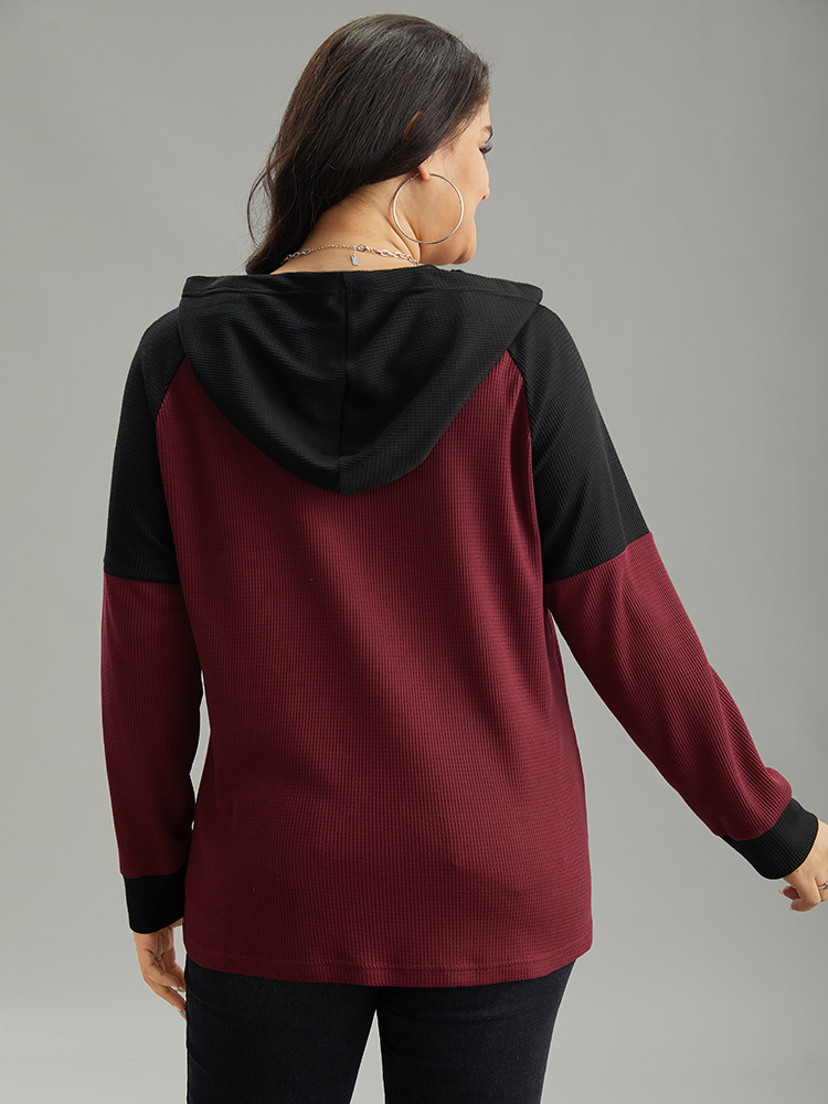 

Plus Size Waffle Knit Hooded Button Up Sweatshirt Women Burgundy Casual Contrast Hooded Dailywear Sweatshirts BloomChic