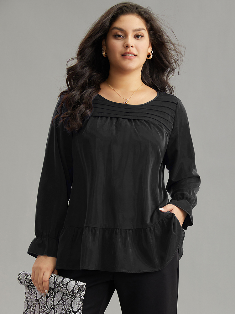 

Plus Size Black Static-Free Plain Pleated Ruffles Lantern Sleeve Blouse Women Office Long Sleeve Round Neck Work Blouses BloomChic