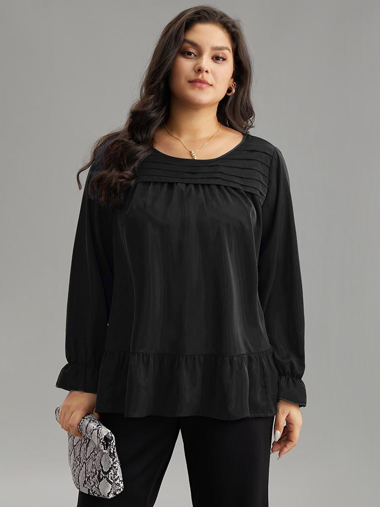 

Plus Size Black Static-Free Plain Pleated Ruffles Lantern Sleeve Blouse Women Office Long Sleeve Round Neck Work Blouses BloomChic