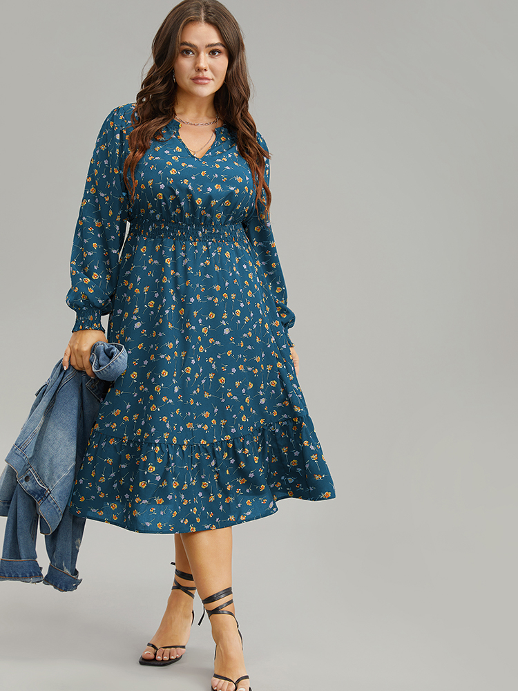 

Plus Size Ditsy Floral Notched Shirred Frill Trim Dress Cerulean Women Elegant Printed Notched collar Long Sleeve Curvy Midi Dress BloomChic