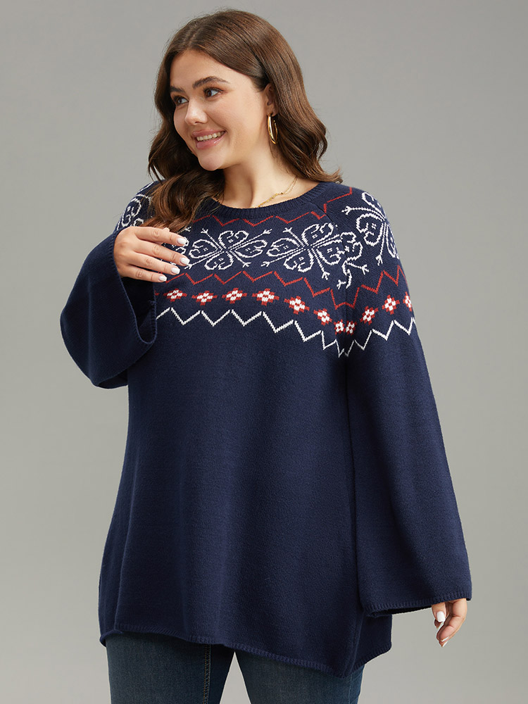 

Plus Size Supersoft Essentials Geometric Bell Sleeve Pullover Indigo Women Casual Loose Long Sleeve Round Neck Dailywear Pullovers BloomChic