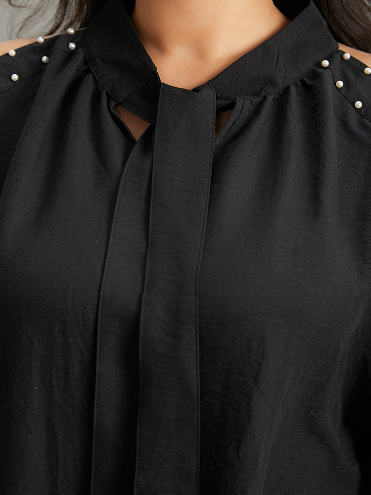 

Plus Size Black Pearl Beaded Cold Shoulder Keyhole Bowknot Blouse Women Glamour Long Sleeve Cold Shoulder Going out Blouses BloomChic