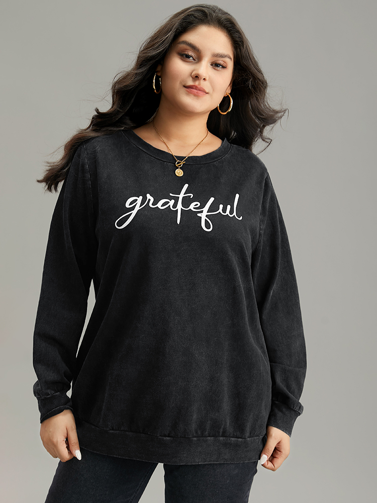 

Plus Size Solid Letter Print Crew Neck Sweatshirt Women Black Casual Printed Dailywear Sweatshirts BloomChic