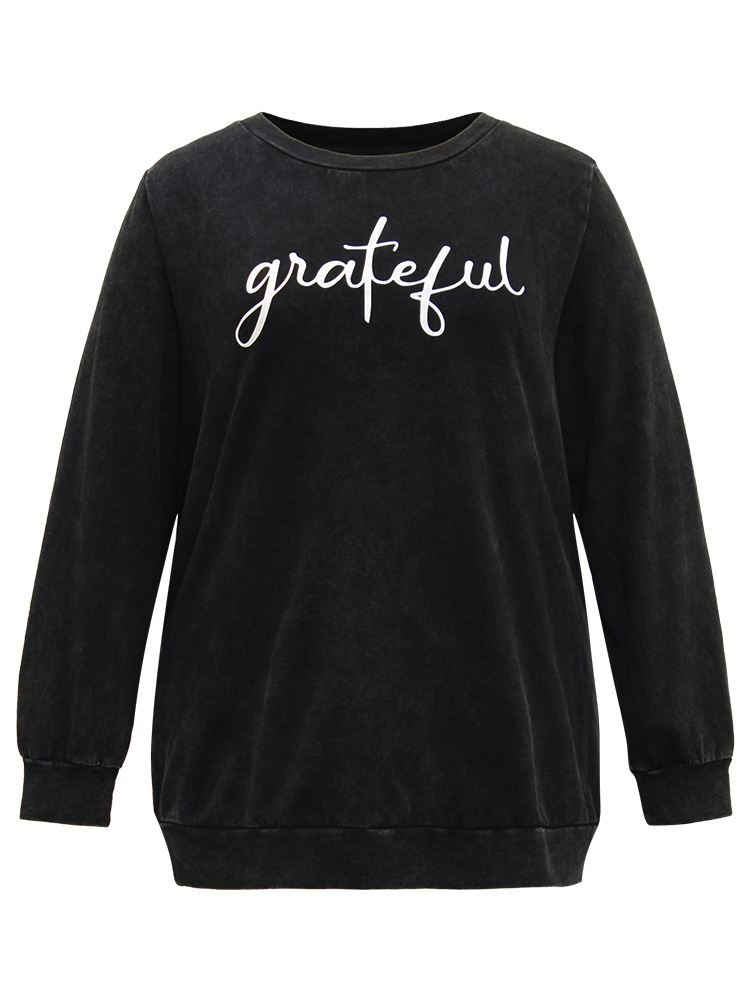 Plus Size Solid Letter Print Crew Neck Sweatshirt Women Black Casual Printed Dailywear Sweatshirts BloomChic 28/5X 