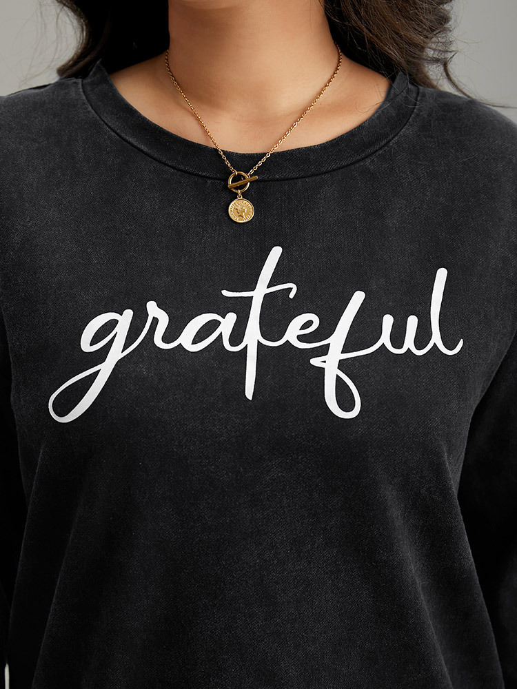 Plus Size Solid Letter Print Crew Neck Sweatshirt Women Black Casual Printed Dailywear Sweatshirts BloomChic 28/5X 