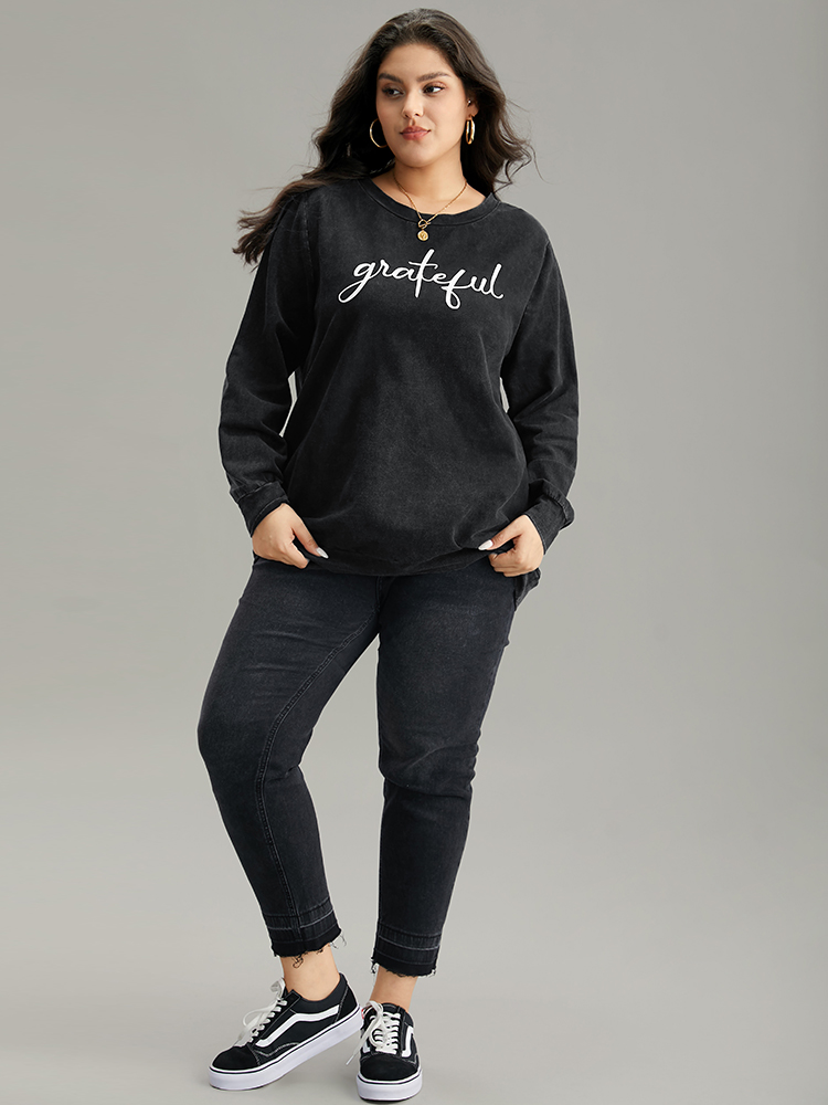 Plus Size Solid Letter Print Crew Neck Sweatshirt Women Black Casual Printed Dailywear Sweatshirts BloomChic 28/5X 