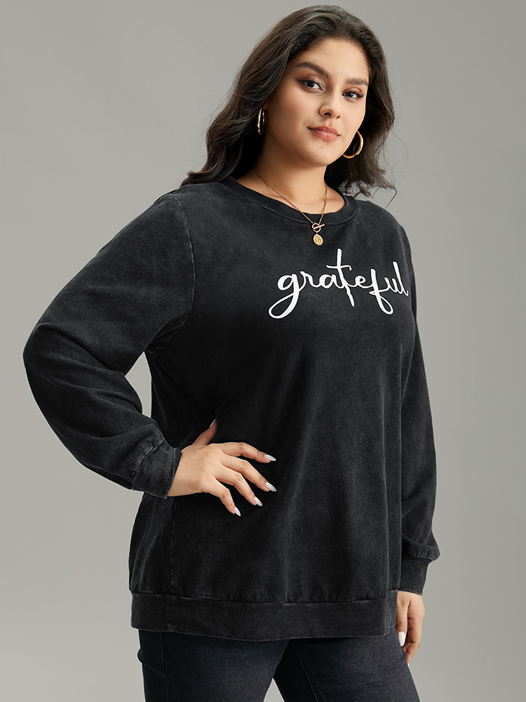 Plus Size Solid Letter Print Crew Neck Sweatshirt Women Black Casual Printed Dailywear Sweatshirts BloomChic 28/5X 