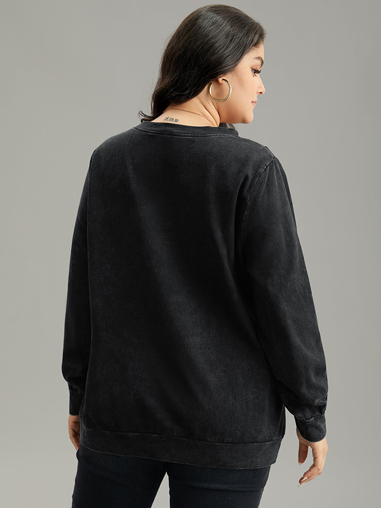 Plus Size Solid Letter Print Crew Neck Sweatshirt Women Black Casual Printed Dailywear Sweatshirts BloomChic 28/5X 