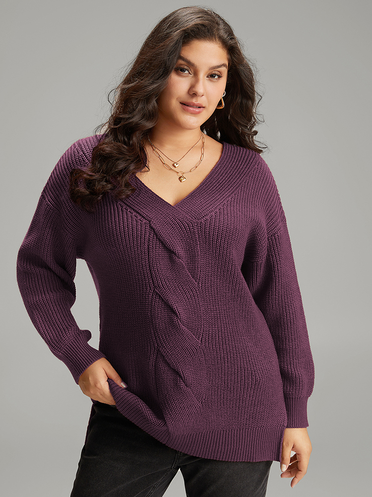 

Plus Size Cable Knit Split Side Elastic Cuffs Pullover Eggplant Women Casual Loose Long Sleeve V-neck Dailywear Pullovers BloomChic