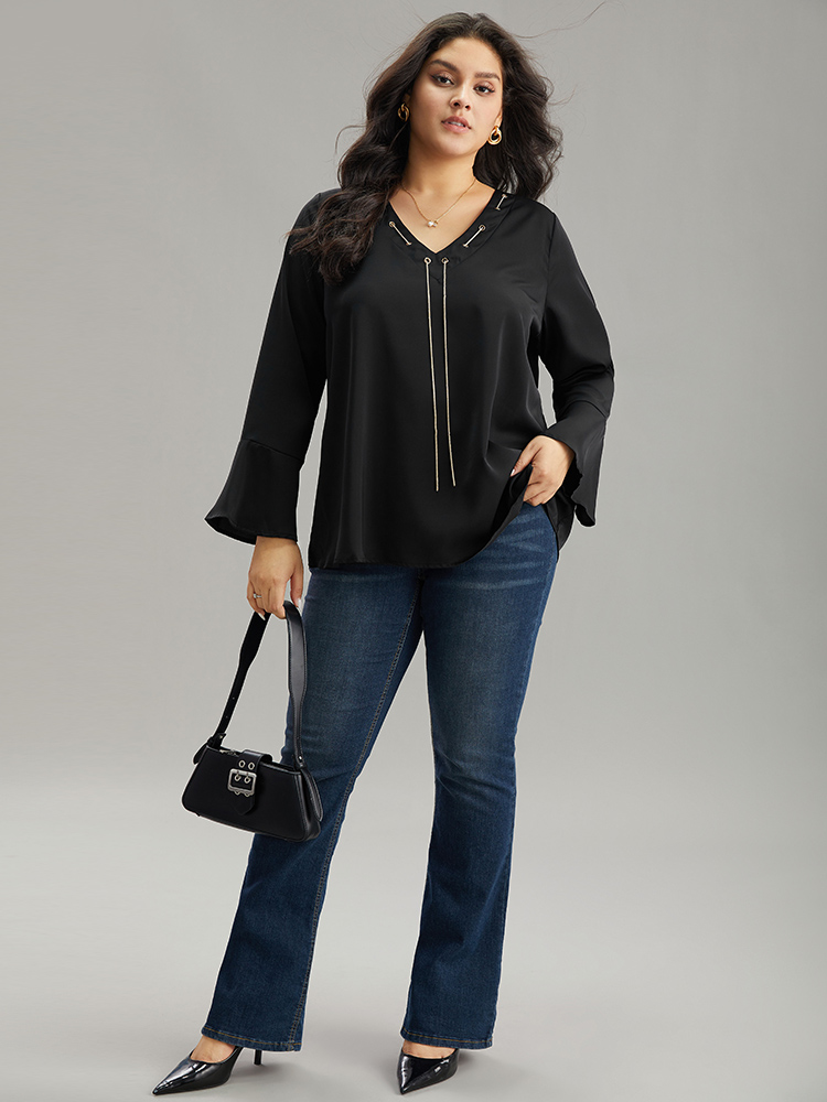 

Plus Size Black Contrast Chain Bell Sleeve Eyelet Blouse Women Office Long Sleeve V-neck Work Blouses BloomChic