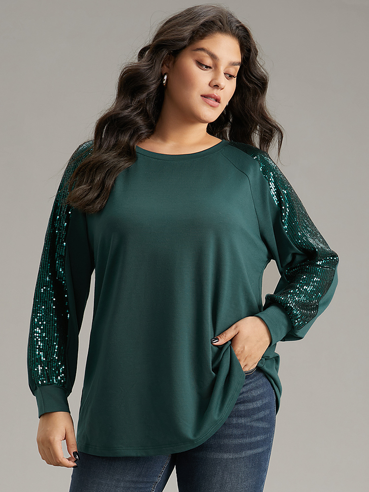 

Plus Size Solid Sequin Patchwork Raglan Sleeve Sweatshirt Women DarkGreen Elegant Elastic cuffs Round Neck Dailywear Sweatshirts BloomChic