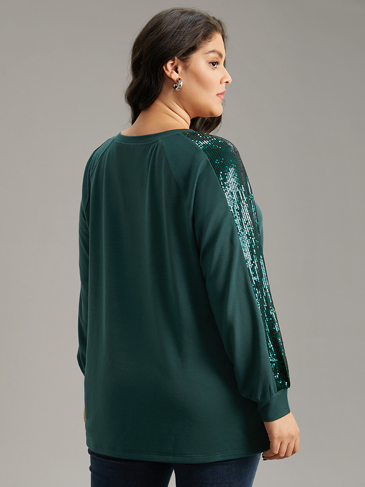 Plus Size Solid Sequin Patchwork Raglan Sleeve Sweatshirt Women DarkGreen Elegant Elastic cuffs Round Neck Dailywear Sweatshirts BloomChic 12/L 