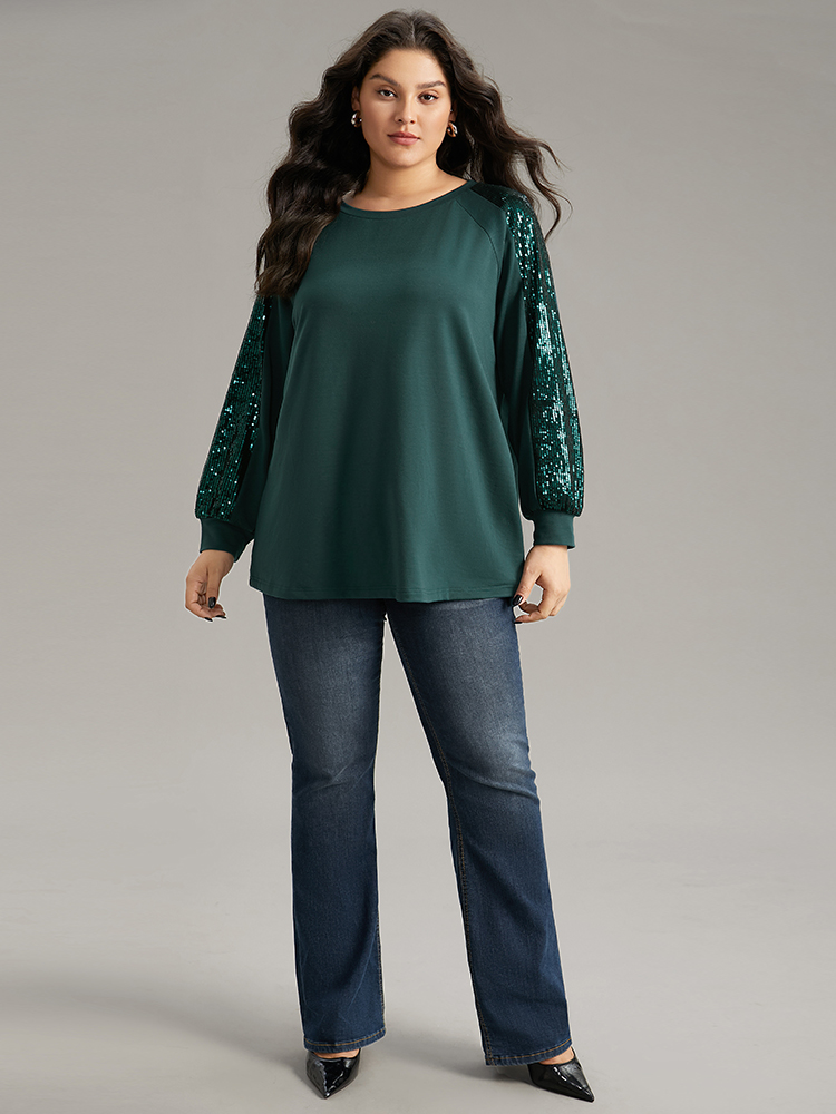 Plus Size Solid Sequin Patchwork Raglan Sleeve Sweatshirt Women DarkGreen Elegant Elastic cuffs Round Neck Dailywear Sweatshirts BloomChic 12/L 