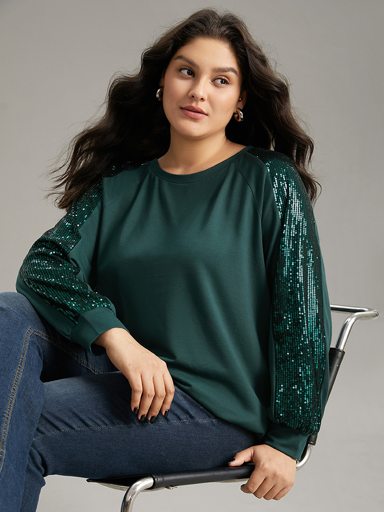 Plus Size Solid Sequin Patchwork Raglan Sleeve Sweatshirt Women DarkGreen Elegant Elastic cuffs Round Neck Dailywear Sweatshirts BloomChic 12/L 