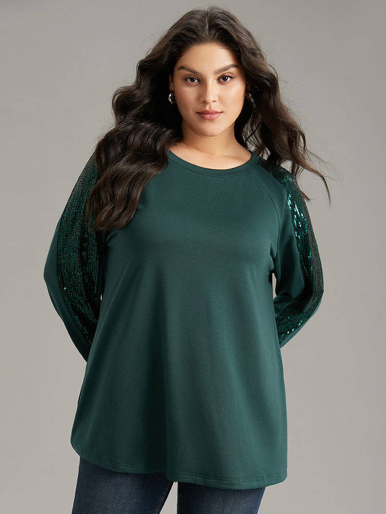 Plus Size Solid Sequin Patchwork Raglan Sleeve Sweatshirt Women DarkGreen Elegant Elastic cuffs Round Neck Dailywear Sweatshirts BloomChic 12/L 