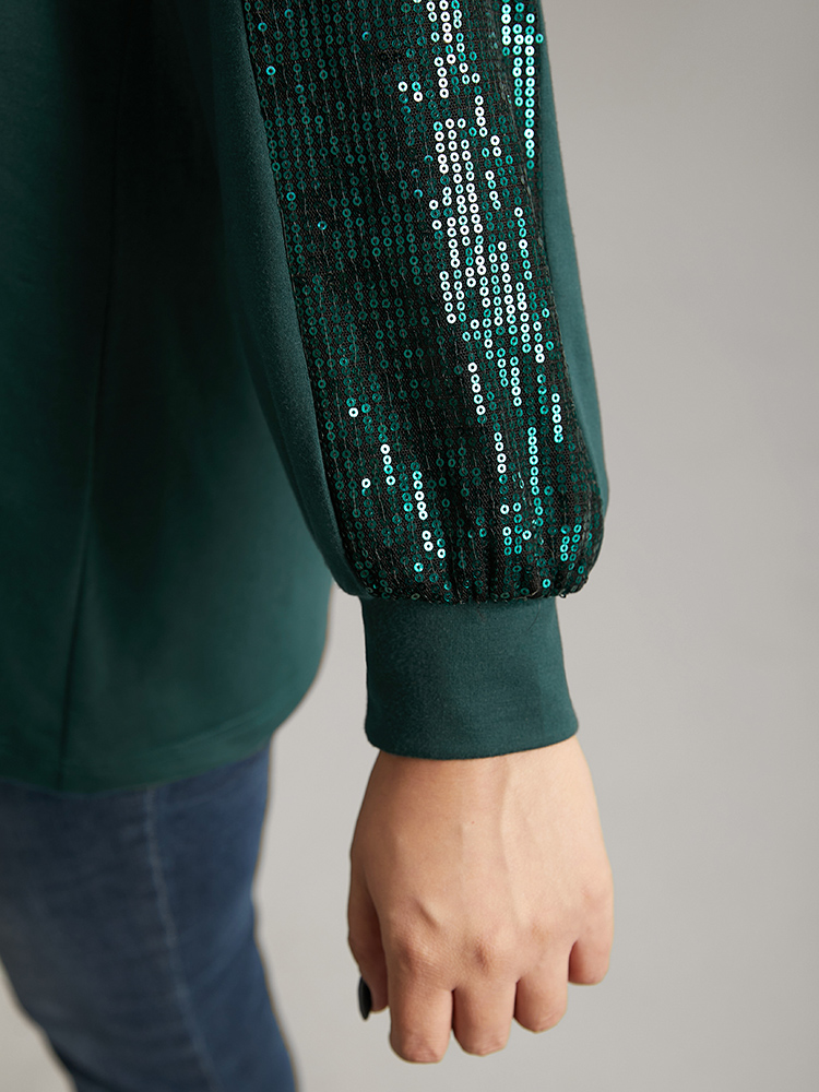 Plus Size Solid Sequin Patchwork Raglan Sleeve Sweatshirt Women DarkGreen Elegant Elastic cuffs Round Neck Dailywear Sweatshirts BloomChic 12/L 