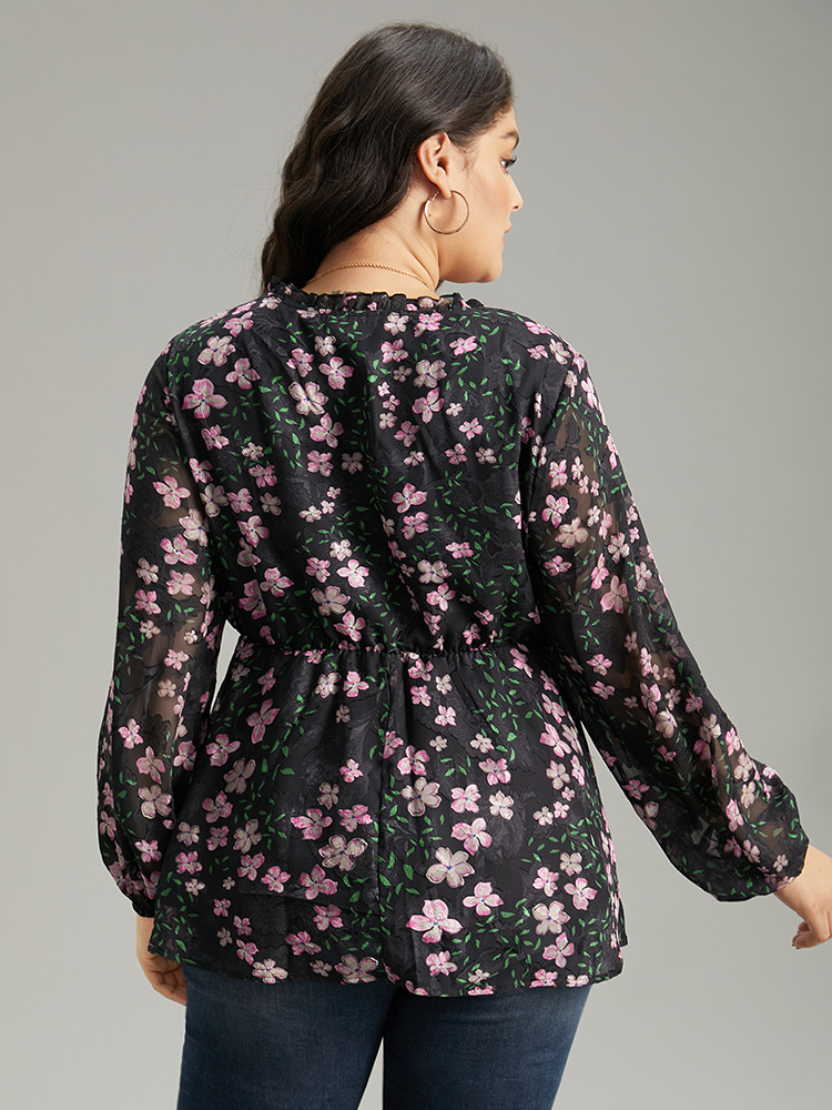 Plus Size Black Floral Print Frill Trim Blouse Women Elegant Long Sleeve V-neck Dailywear Blouses BloomChic 12/L 