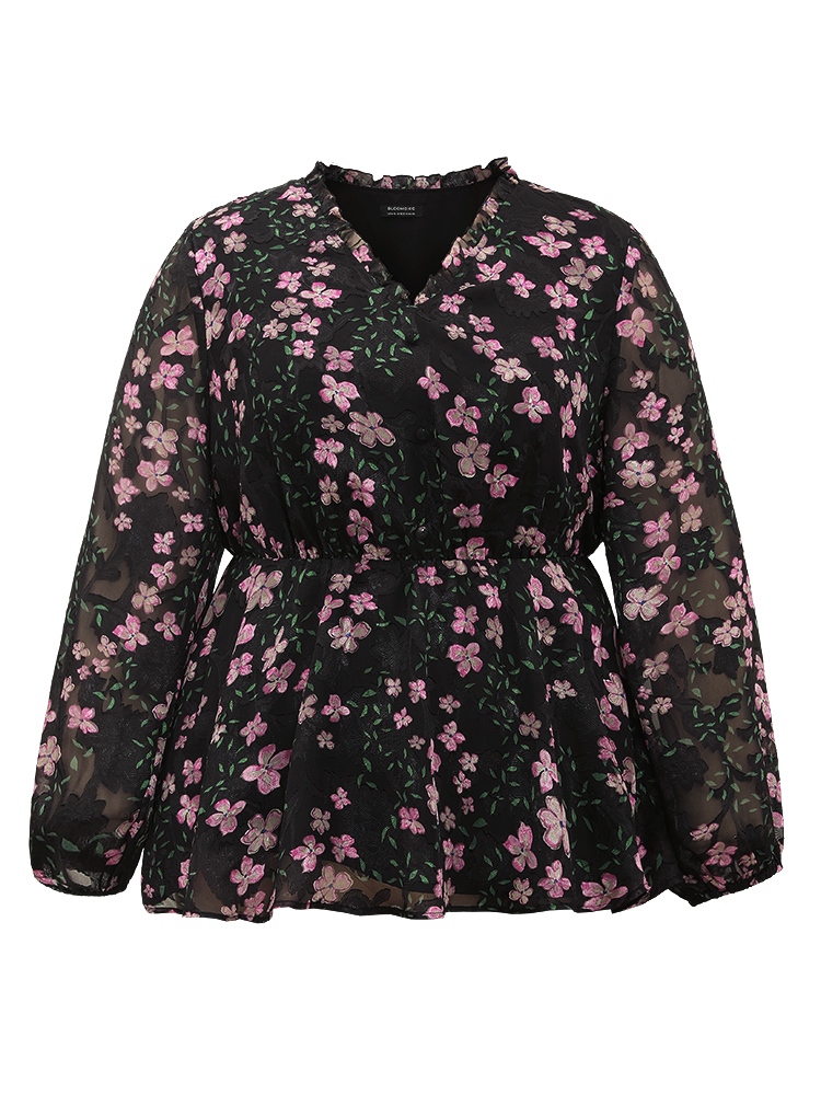 Plus Size Black Floral Print Frill Trim Blouse Women Elegant Long Sleeve V-neck Dailywear Blouses BloomChic 12/L 