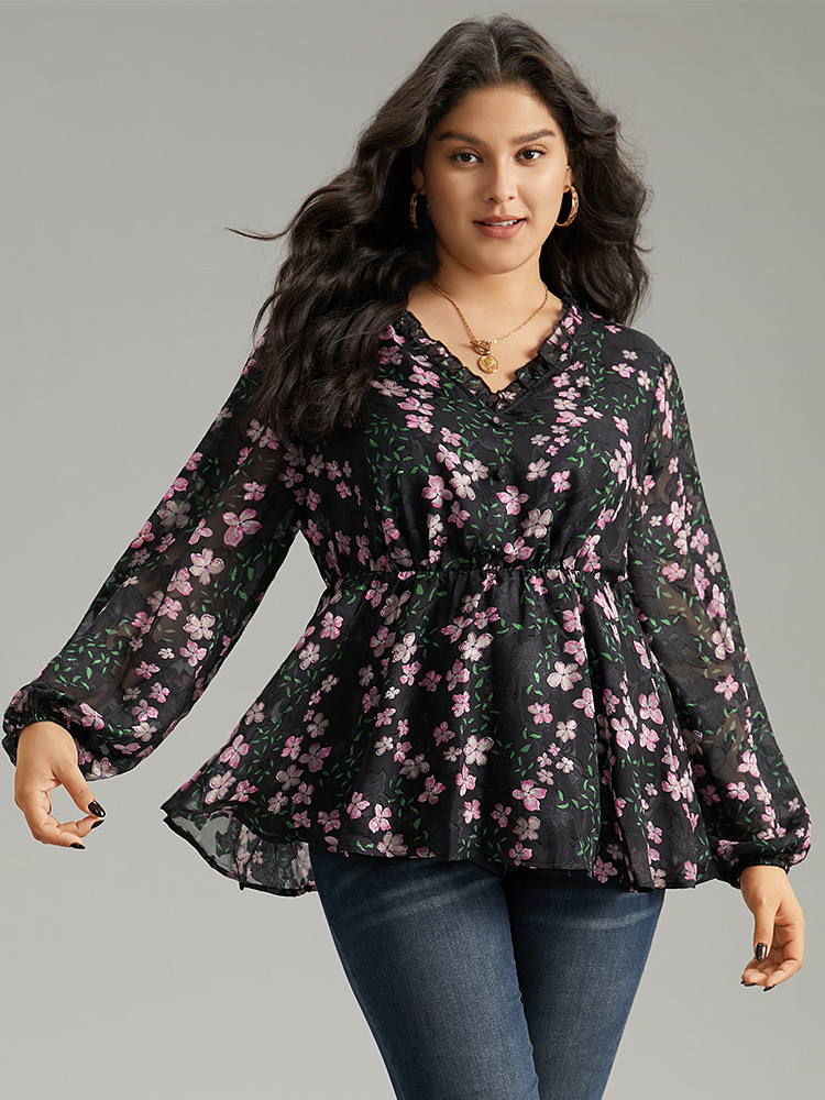 Plus Size Black Floral Print Frill Trim Blouse Women Elegant Long Sleeve V-neck Dailywear Blouses BloomChic 12/L 