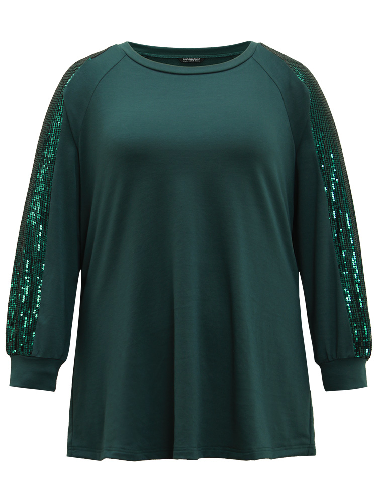 

Plus Size Solid Sequin Patchwork Raglan Sleeve Sweatshirt Women DarkGreen Elegant Elastic cuffs Round Neck Dailywear Sweatshirts BloomChic