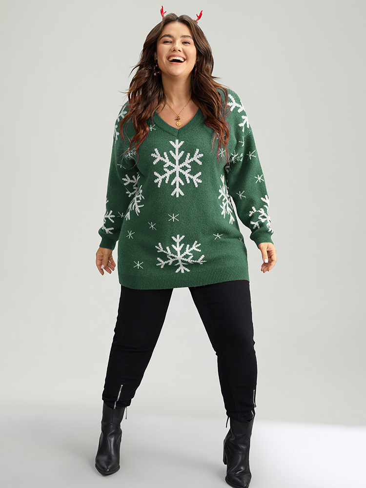 

Plus Size Anti-Pilling Snowflake Print Pullover Green Women Casual Loose Long Sleeve V-neck Dailywear Pullovers BloomChic