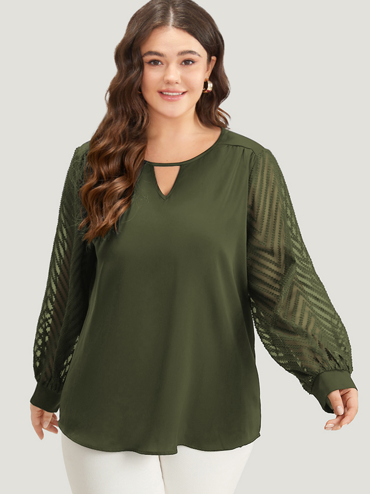 

Plus Size ArmyGreen Plain Keyhole Lace Patchwork Lantern Sleeve Blouse Women Office Long Sleeve Keyhole Cut-Out Work Blouses BloomChic