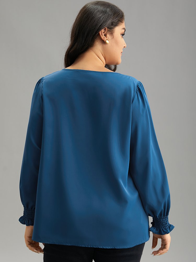 Plus Size Aegean Static-Free Plain Metal Detail Keyhole Shirred Blouse Women Office Long Sleeve Keyhole Cut-Out Work Blouses BloomChic 22-24/3X 