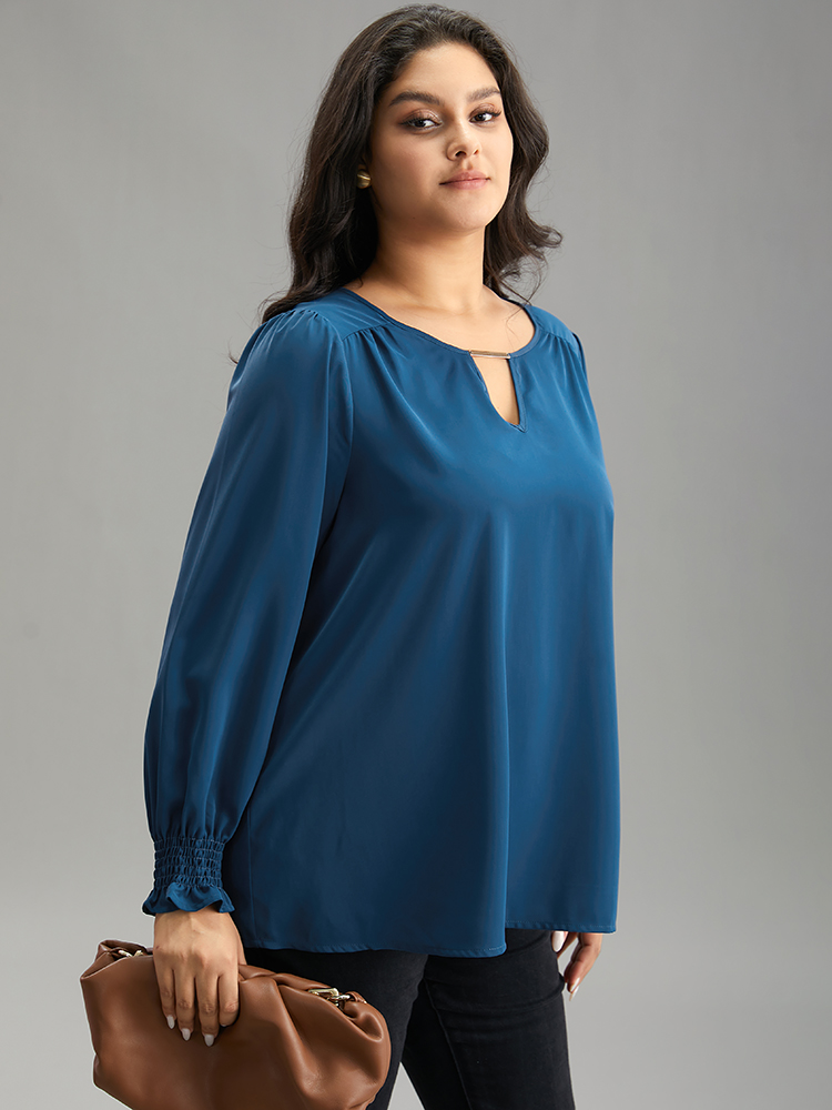 Plus Size Aegean Static-Free Plain Metal Detail Keyhole Shirred Blouse Women Office Long Sleeve Keyhole Cut-Out Work Blouses BloomChic 22-24/3X 