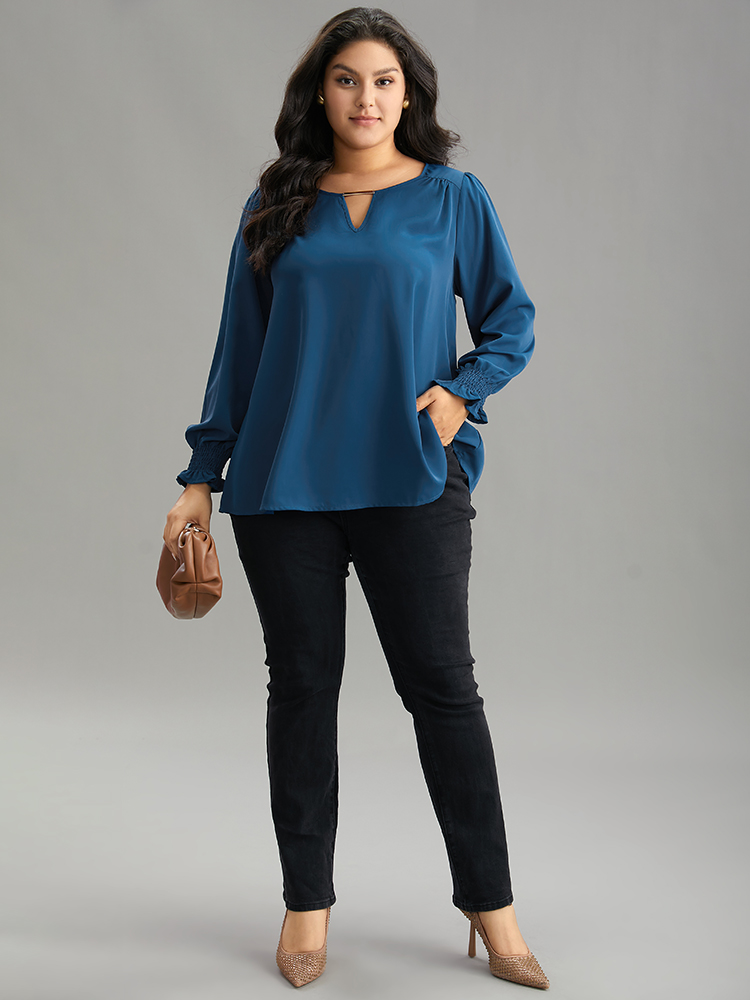 Plus Size Aegean Static-Free Plain Metal Detail Keyhole Shirred Blouse Women Office Long Sleeve Keyhole Cut-Out Work Blouses BloomChic 22-24/3X 