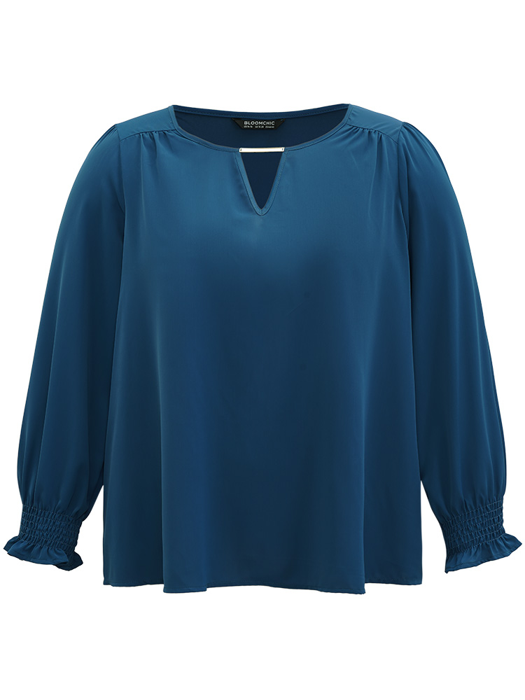 Plus Size Aegean Static-Free Plain Metal Detail Keyhole Shirred Blouse Women Office Long Sleeve Keyhole Cut-Out Work Blouses BloomChic 22-24/3X 