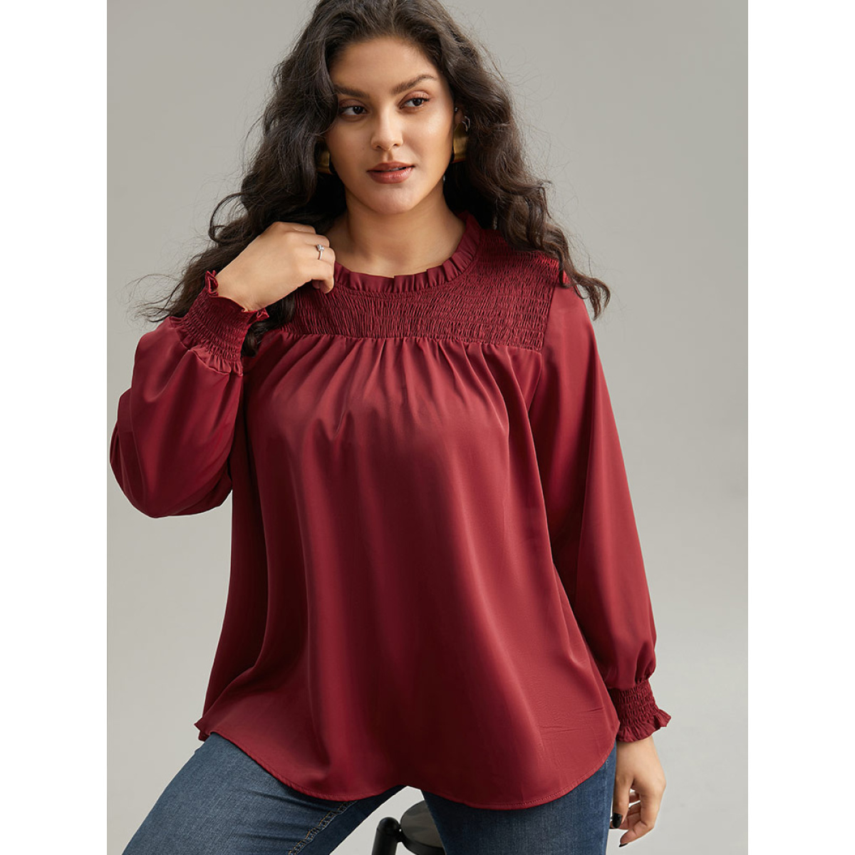 

Plus Size Scarlet Static-Free Solid Shirred Frill Trim Blouse Women Office Long Sleeve Round Neck Work Blouses BloomChic