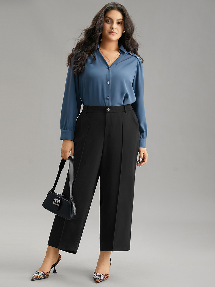 

Plus Size Static-Free Solid Seam Detail Button Up Pants Women Black Office Straight Leg High Rise Work Pants BloomChic