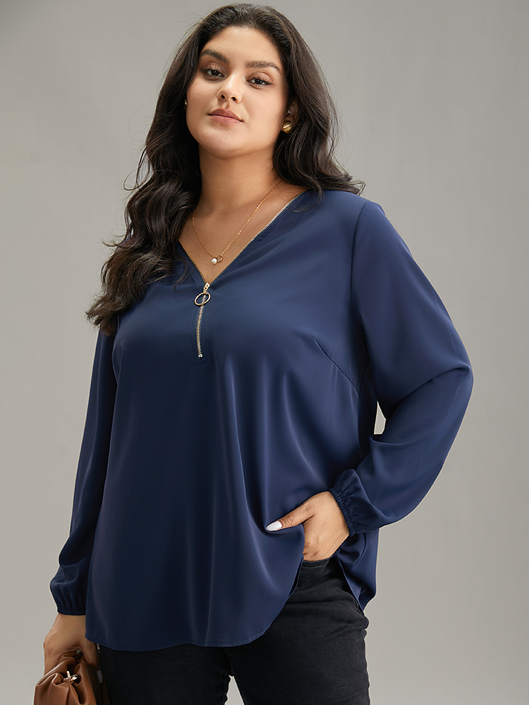 

Plus Size Aegean Static-Free Plain Zipper Elastic Cuffs Blouse Women Office Long Sleeve V-neck Work Blouses BloomChic