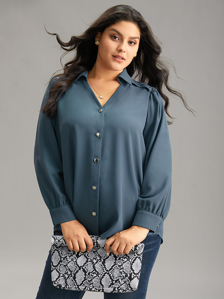 

Plus Size Static-Free Solid Metal Detail Gathered Blouse Stone Long Sleeve V-neck Office Shirts